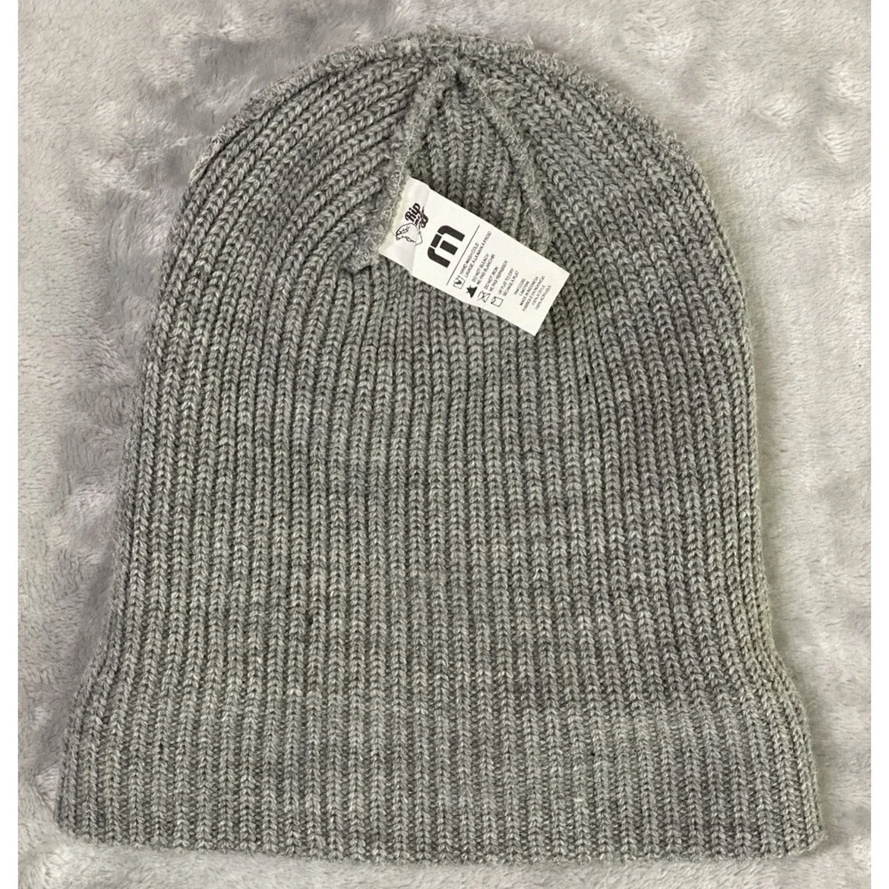 Travis Mathew Beanie Hat Mens OS Heather Grey 1MV356 Ribbed Knit Leather Patch